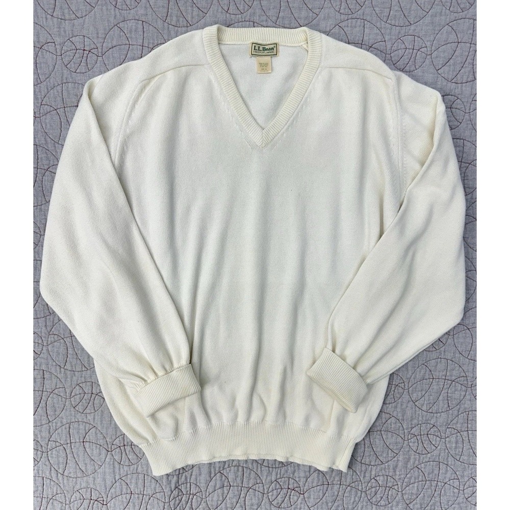 VINTAGE‎ LL Bean Sweater Mens XL Cream V Neck Pullover Long Sleeve Made In USA